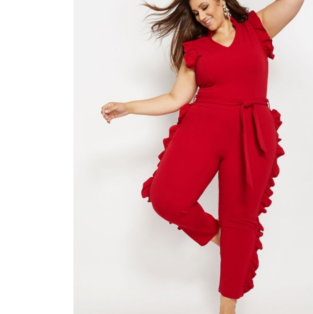 BLACK BELTED RUFFLE-TRIMMED JUMPSUIT